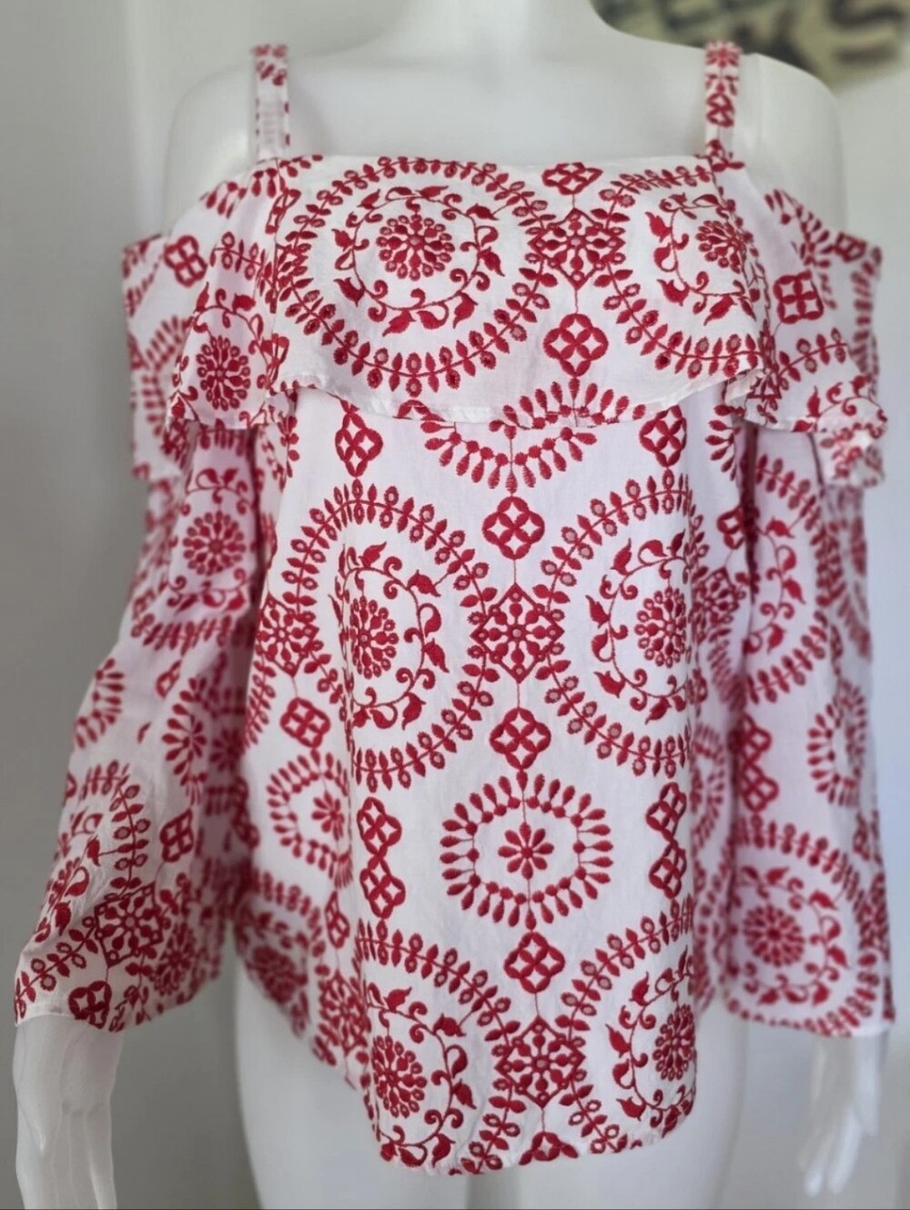 INC Top Shirt Womens Embroidery Floral Bell Sleeve Cold Shoulder Size M NWOT